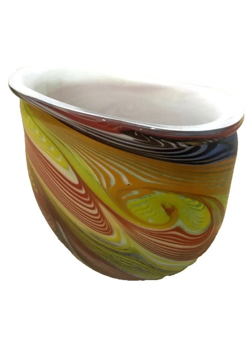 Swirl Art Glass Multi Color Red Orange Yellow Green Black Vase Heavy 7'X7